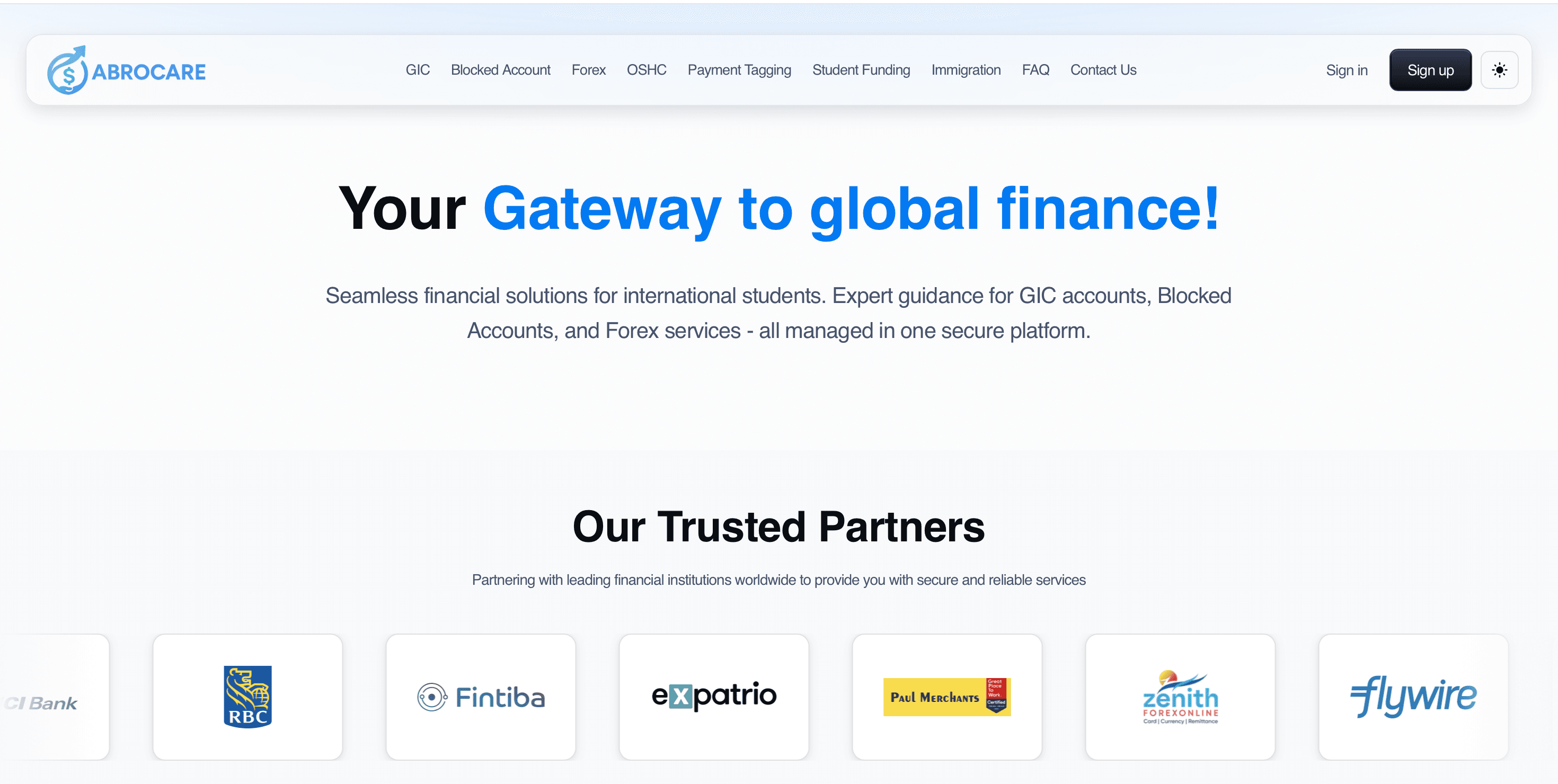 AbroCare — Financial services platform for international students